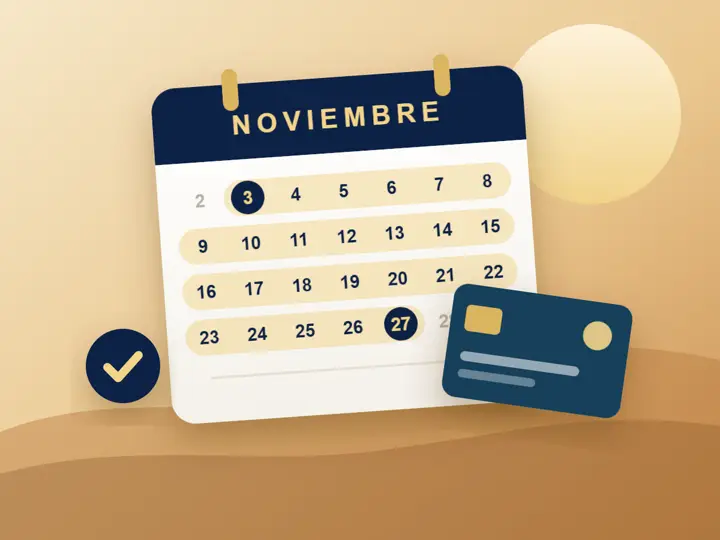 Ilustración de un calendario de noviembre con los días de pago del 3 al 27 resaltados
